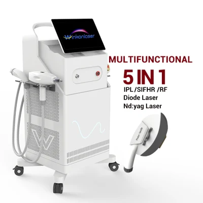 Multifunktions-5-in-1-IPL + ND: YAG-Laser + Diodenlaser + RF IPL-Haarentfernung Hautverjüngung Akne-Pigmentierungsbehandlungsmaschine Opt IPL-Laser